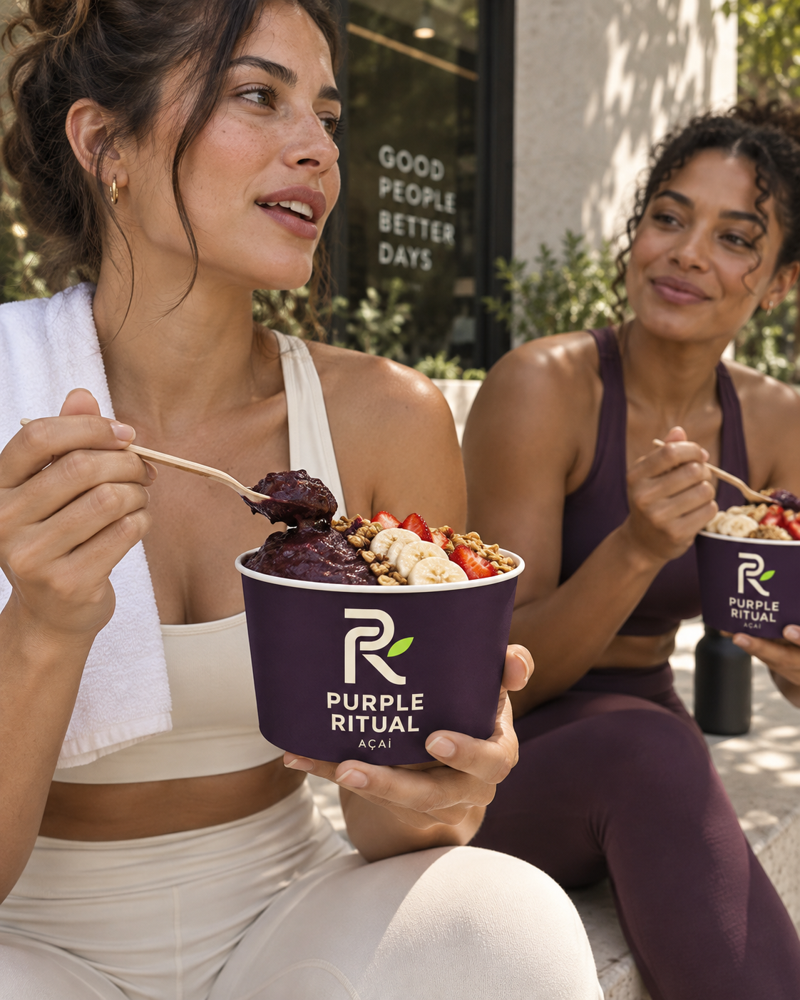 AI-generated campaign concept of two women enjoying Purple Ritual açaí after a workout